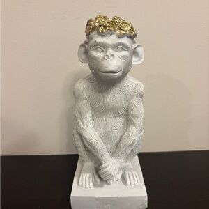 White Ceramic Monkey Sculpture with Gold Crown Accent